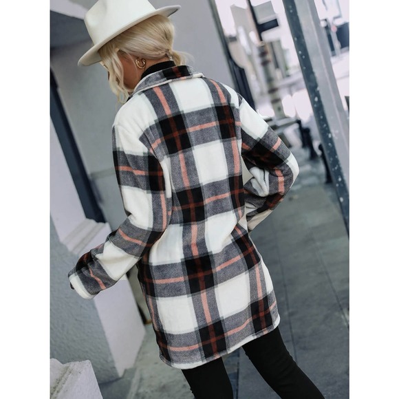 Plaid Lapel Collar Longline Jacket with Pockets - Picture 3 of 5